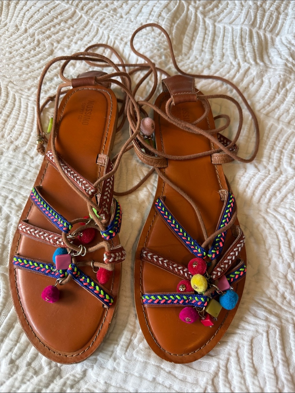 Mossimo Supply Co. Brown Leather Gladiator Sandals with Colorful Pom-Pom Accents